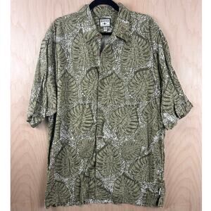 Bugle Boy Hawaiian Shirt Mens L Green Leaf Print Rayon Button Up Aloha